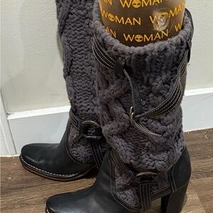 Timberland Charcoal Knit-Trim Black Leather Heeled Boots